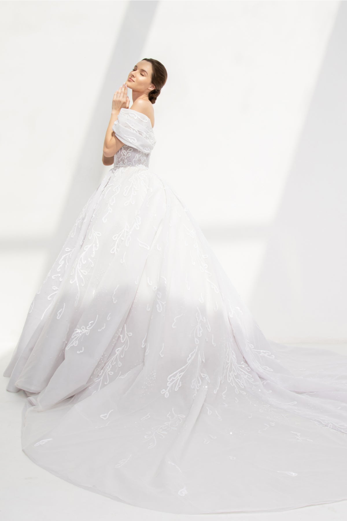 White tulle gown in off-shoulder and scroll embroidery