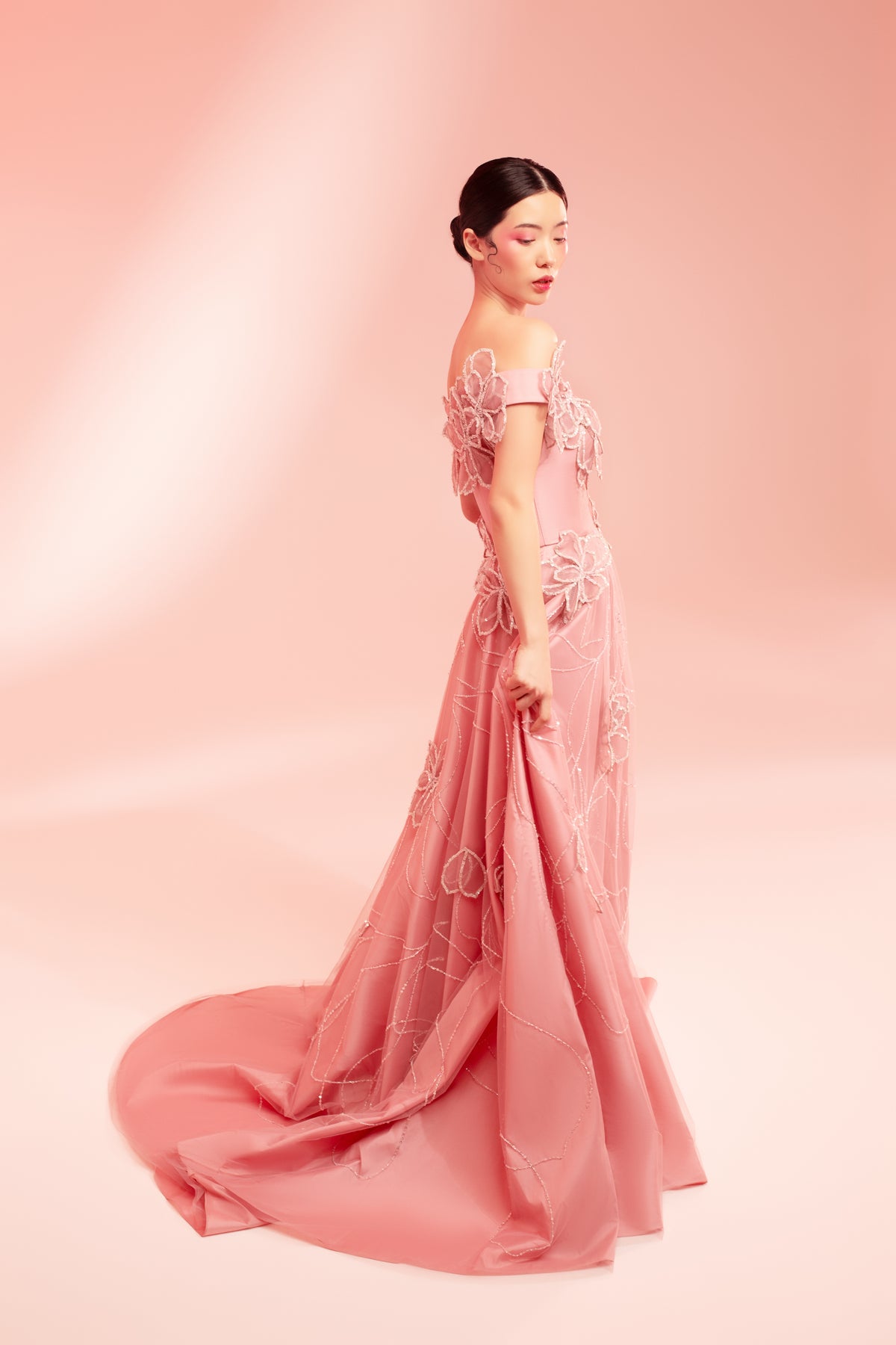Pink asymmetric neckline dress with 3d petals embroidery